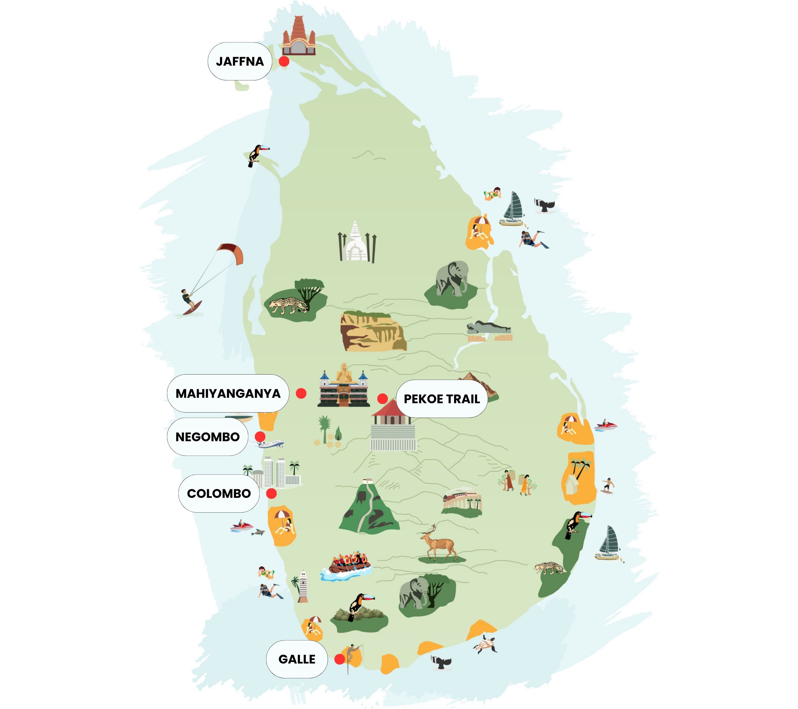 Illustrated map of Sri Lanka showing adventure