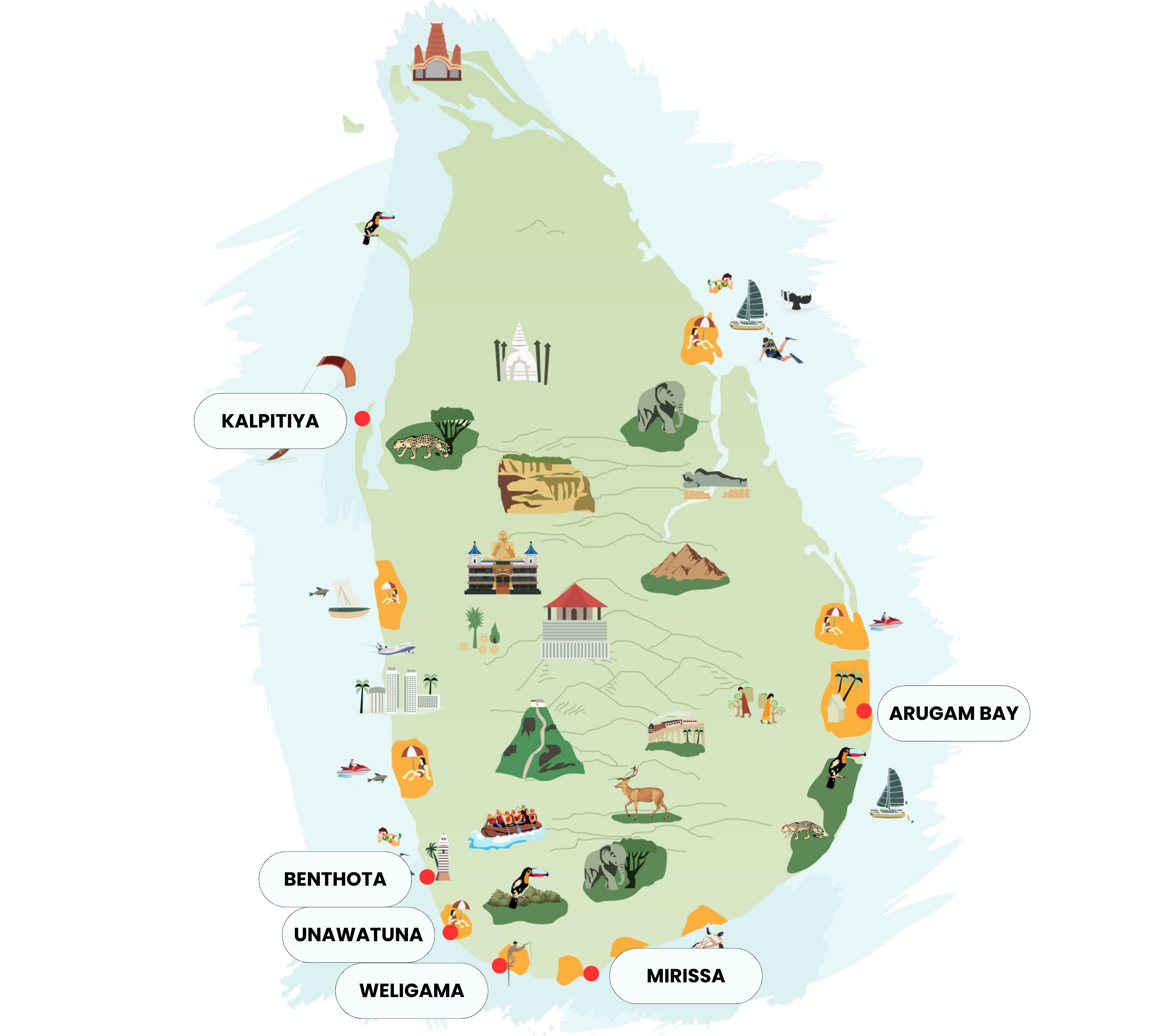 Illustrated map of Sri Lanka showing beaches