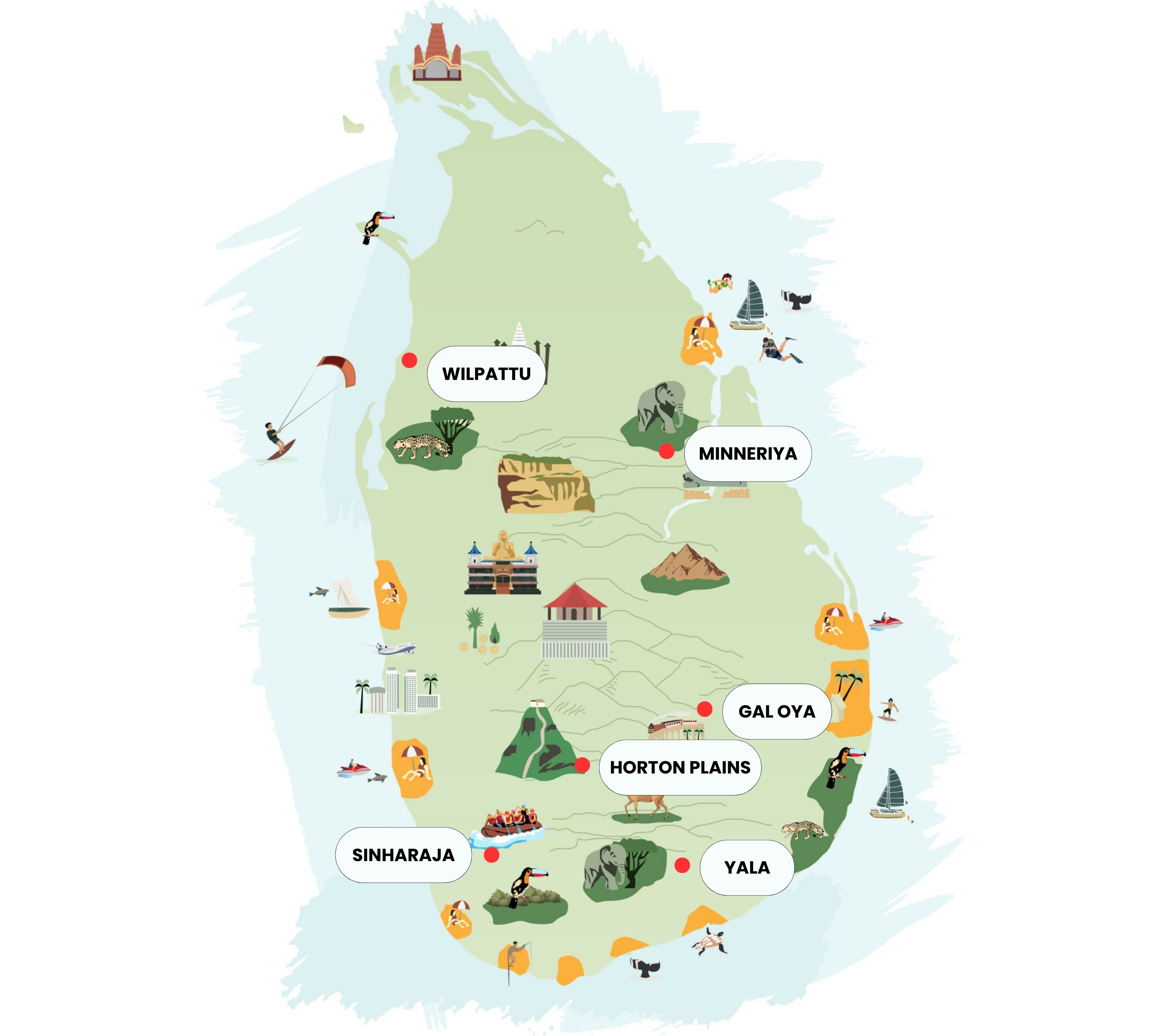 Illustrated map of Sri Lanka showing wildlife
